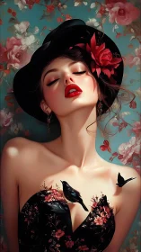 Floral noir portrait with avian motifs and luminous skin rendering.