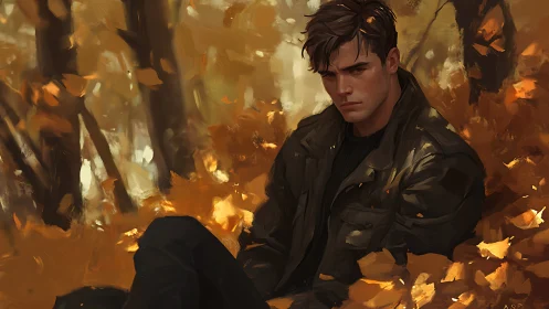 Brooding young man resting in glowing autumn forest light.