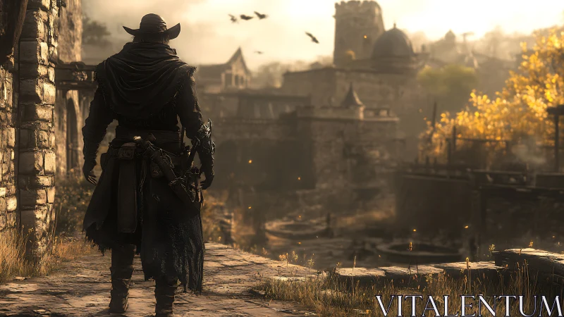 Cloaked ranger surveys sunlit medieval fortress with cinematic depth