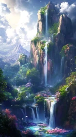 Skyflooded emerald peaks with cascading dreamlike waterfalls.