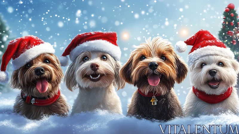 Four small dogs in Santa hats in snowy outdoor scene.