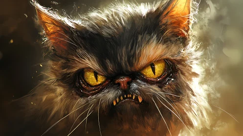 Snarling demon-eyed cat glares with vivid golden intensity.