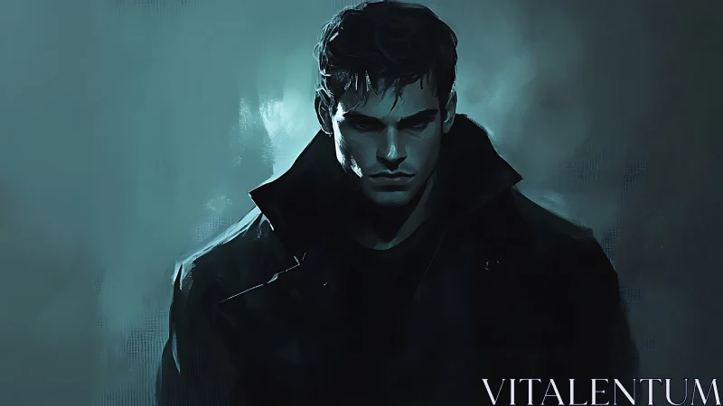 Male figure in dark coat against teal atmospheric backdrop.