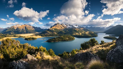 Golden mountains embrace a calm blue lake and forest islands