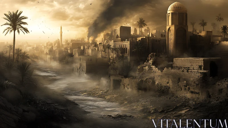 Ruined desert riverside city under smoke and dust haze.