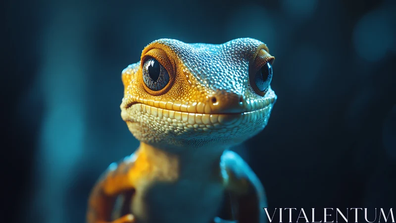 Close-up digital portrait of gecko-like reptile in blue light.