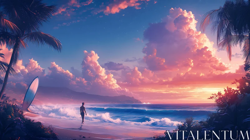 Surfer drifts through cotton-candy clouds above neon tide.