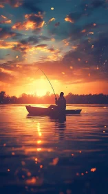 Sunset lake fisherman silhouettes against glowing horizon.