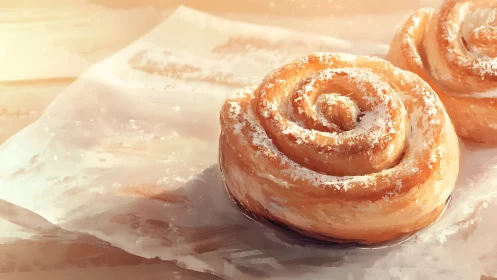 Golden Cinnamon Rolls Dusted with Sweet Powdered Sugar.