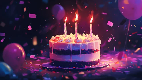 Neon Birthday Cake with Three Candles in Vibrant Purple Environment.