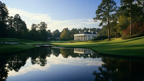 Lakeside golf course with clubhouse and morning reflections.