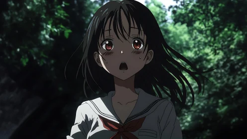 Anime schoolgirl shocked in dark forest clearing scene.