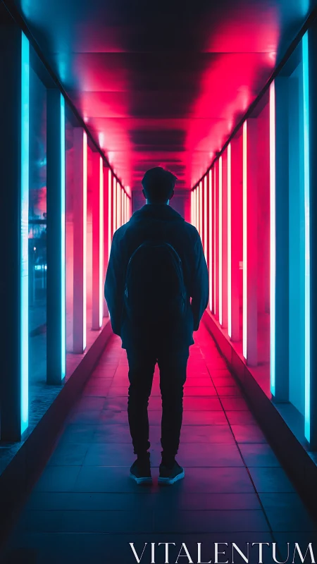 Silhouette in neon tunnel under blue and pink light glow.