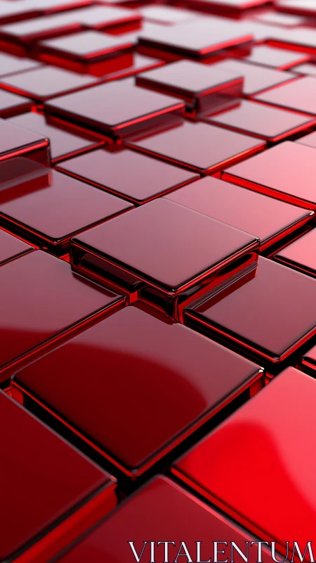 Red reflective 3D tiles form a staggered grid with glossy shading