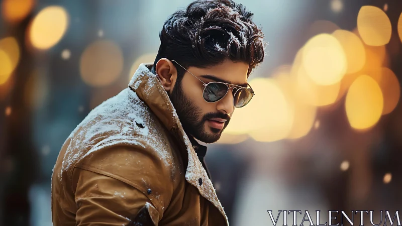 Snow-dusted man in tan coat amid glowing city bokeh.