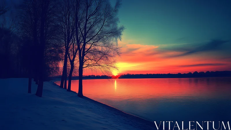 Winter lakeside sunset with silhouetted bare trees.