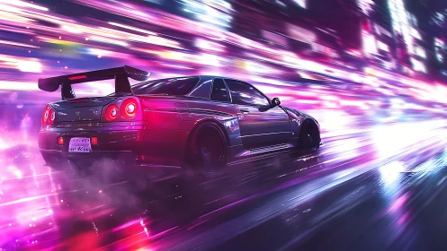 Midnight tuner car drifts through neon soaked city streets