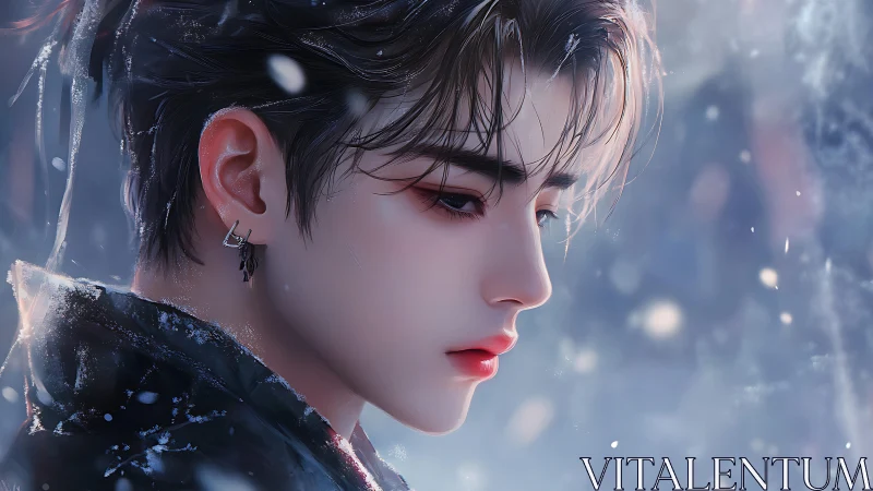 Side profile digital portrait of youth in diffuse snowfall