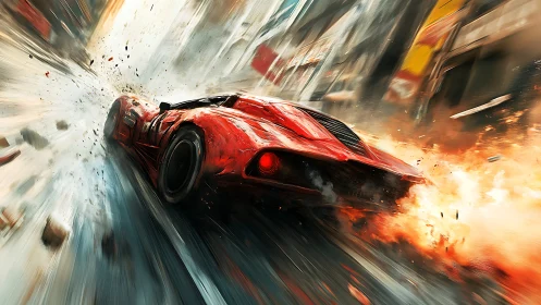 Red hypercar erupts through urban street in fiery drift motion.