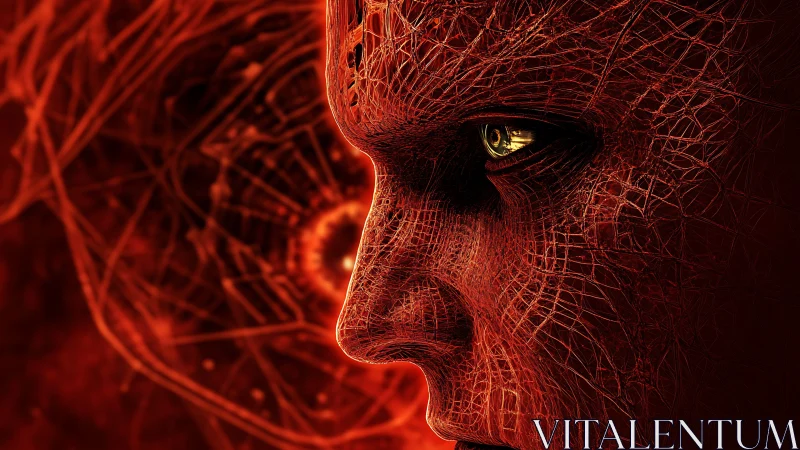 Fiery cybernetic face stares into a glowing digital vortex.