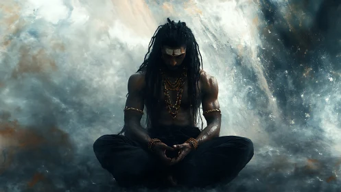 Storm-veiled ascetic meditates at the edge of creation.