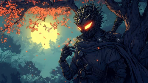 Forest guardian with glowing eyes faces full moonlit sky