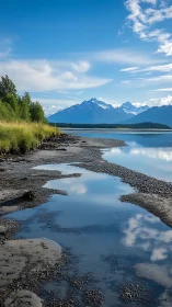 Mountain lake shoreline with calm reflective water under sky.