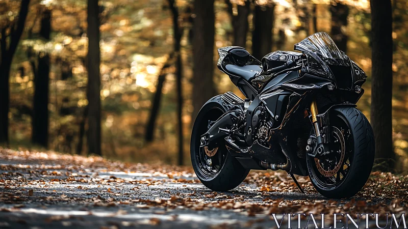 Sleek black sport bike pausing on a quiet autumn forest road.