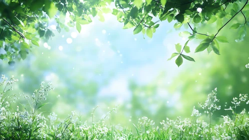 Sunlit leaf canopy over whispering wildflower meadow.