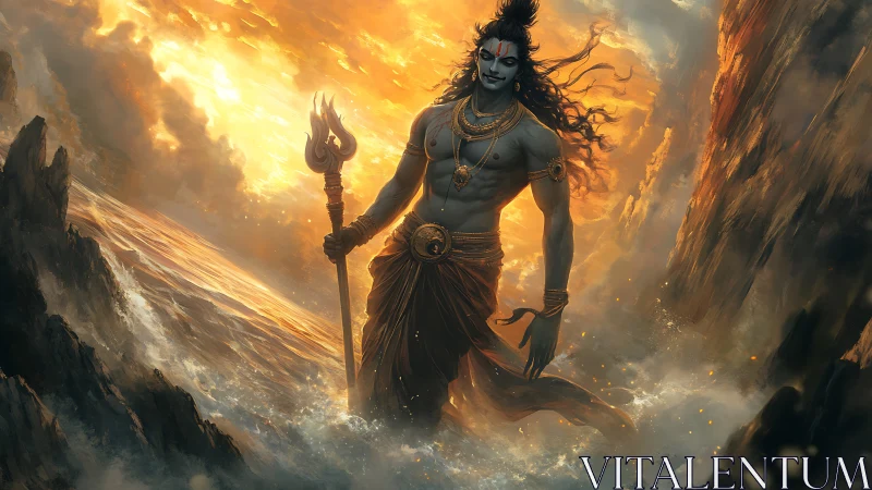 Mythic sea god strides through storm-lit fiery waves.