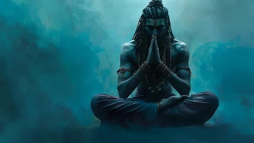 Midnight yogi in teal mist, holding storm-quiet prayer.