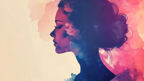 Aurora dreams in profile, a woman woven from painted clouds.