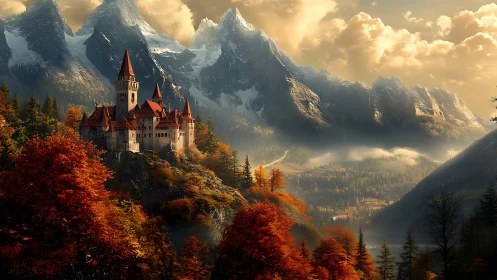 Castle stands above autumn forest with snow covered mountains