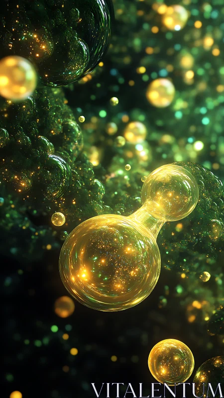 Starborn golden bubbles drift through emerald cosmic foam.