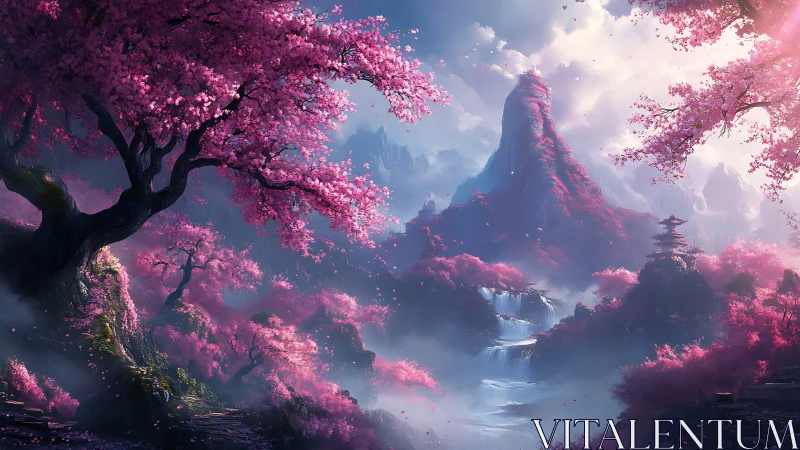 Pink blossom valley with misty waterfalls and tall peak.