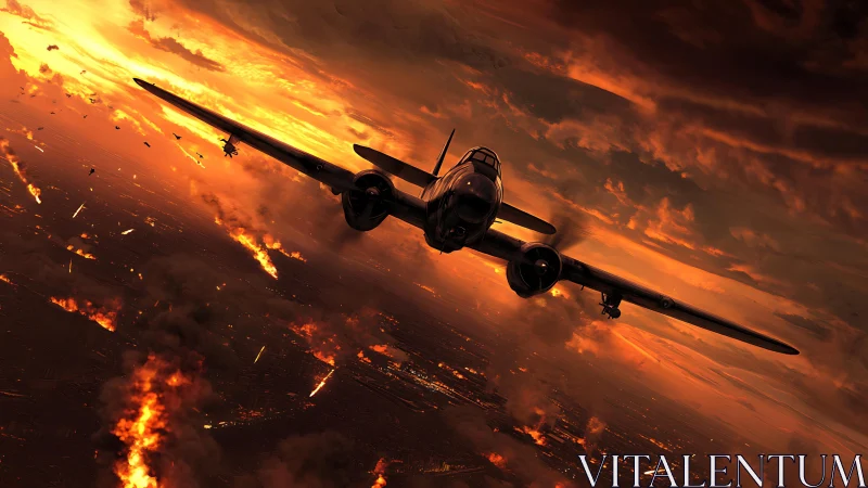 Warbird Pierces Inferno: Silhouette Against Apocalyptic Blaze