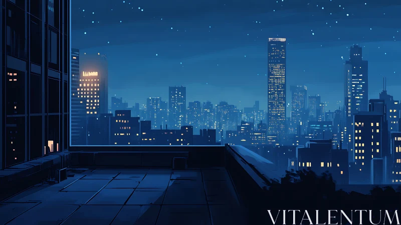 Softly glowing city skyline invites a calm rooftop pause