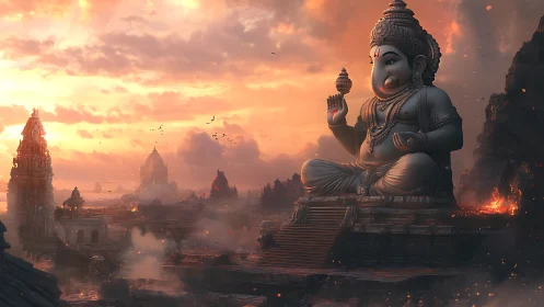 Gentle temple guardian watching a glowing sunset sky.