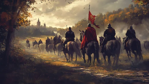 Medieval cavalry column advances toward distant castle under stormy sky