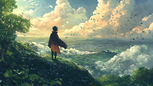 Cloaked wanderer surveying a sky-swept emerald valley horizon.