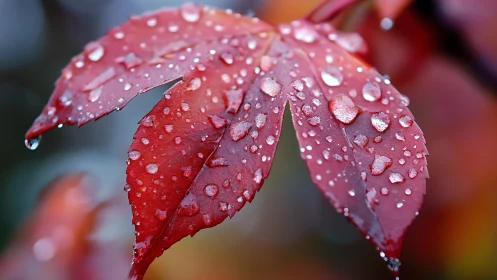 Scarlet maple leaf macro glistens with fresh raindrops.