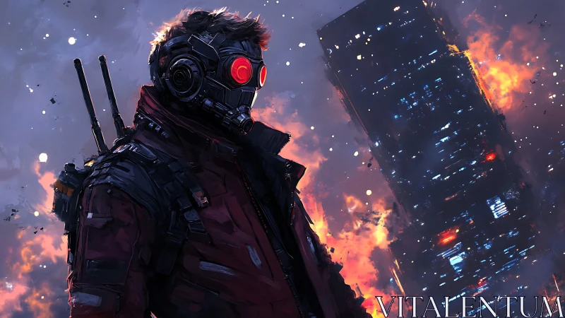 Lone cyber soldier watches a burning neon tower at dusk