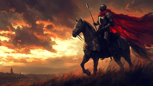 Armored cavalry knight rides against a high-contrast sunset sky