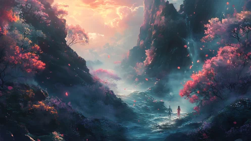 Fantastical mountain valley rendered in luminous digital painting