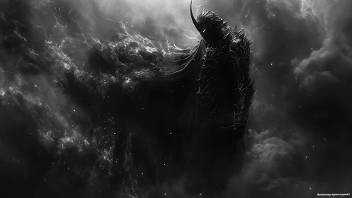 Shadowed armored figure rises calmly from swirling cosmic fog