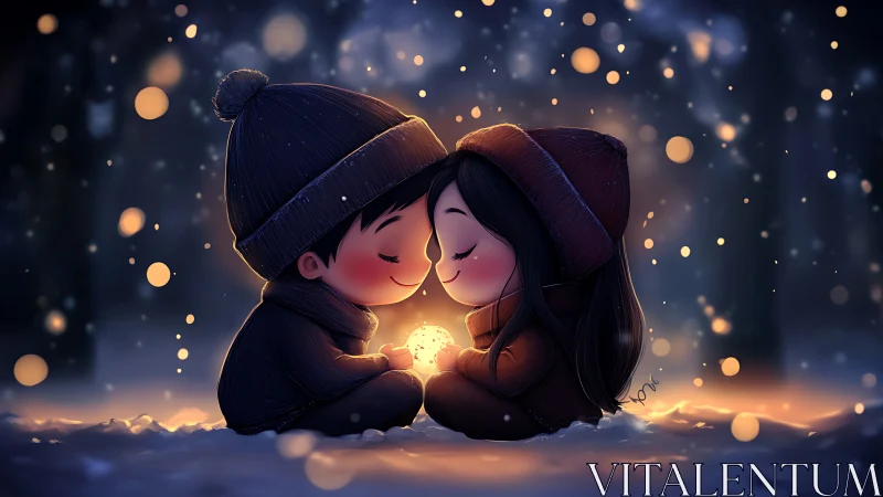 Winter Hearts Aglow: Two Souls Cradling Luminescent Warmth.
