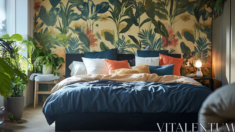 Cozy botanical bedroom retreat with lush plants and color.