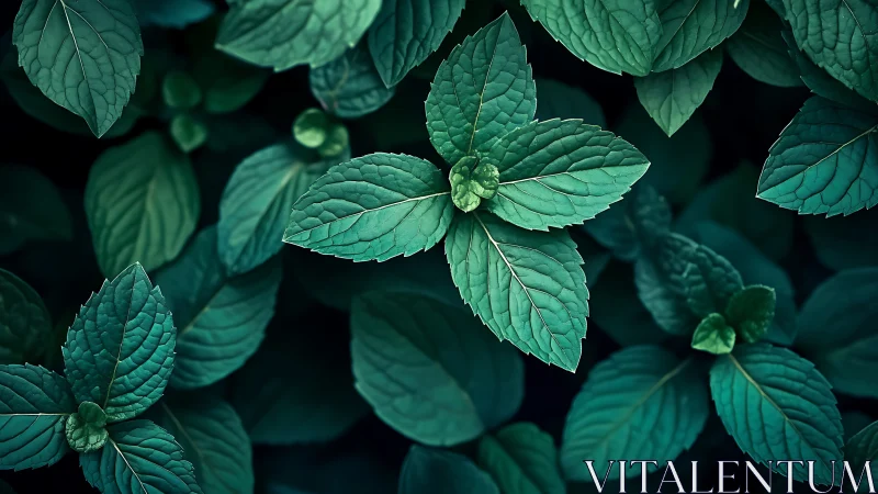 Close-up top view of dense green mint leaves cluster.