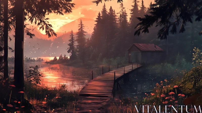 Sunset light spills across lakeside forest bridge and cabin.