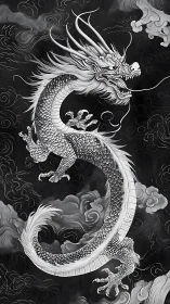 Monochrome East Asian dragon coiling through stylized storm clouds
